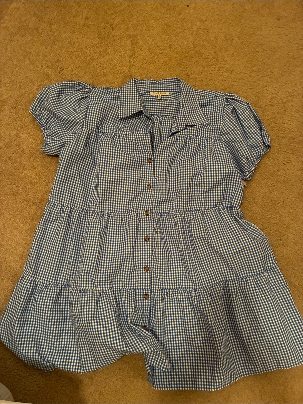 Blue Gingham Tiered Mini Dress with Puff Sleeves